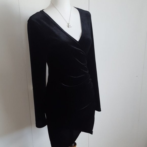 Vera & Lucy Velvet Surplice Bodycon Mini Dress – Deep V, Ruched Sides, - Picture 6 of 6